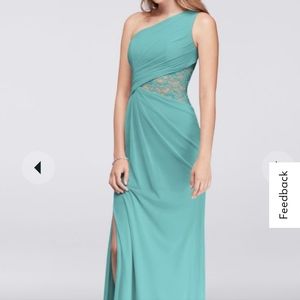one-shoulder mesh bridesmaid dress with lace inset